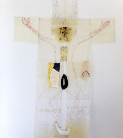 1.Woman of antlers, Katharina Lökenhoff, ink on waxskin, red thread, 292x180 cm, 2018 copy