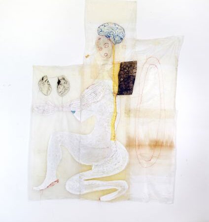 2.The Wise, Katharina Lökenhoff, ink and oil on waxskin, red thread, 170x130 cm, 2018 copy