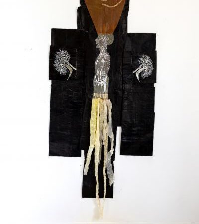 7.Medusa, Katharina Lökenhoff, ink on waxskin, red thread, 210x95 cm, 2018 copy 2