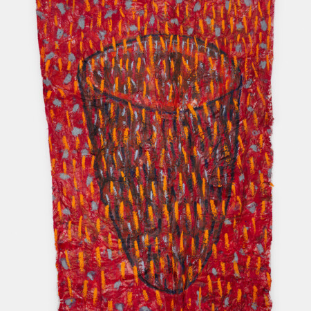 Katharina Lökenhoff. Wegzehrung. Mixed media on waxskin with needles. 150 x 90.2025
