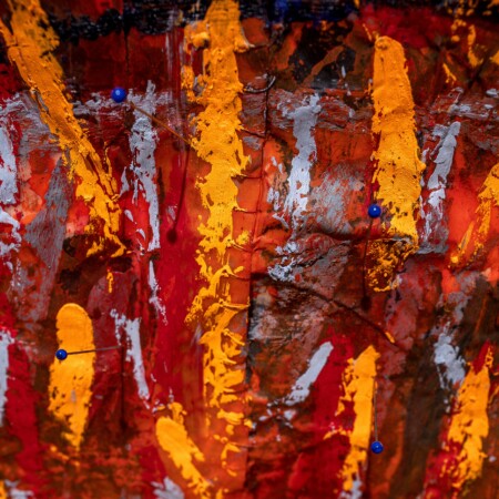 Katharina Lökenhoff.Wegzehrung. Mixed media on waxskin with needles. 150 x 90.Ausschnitt. jpg